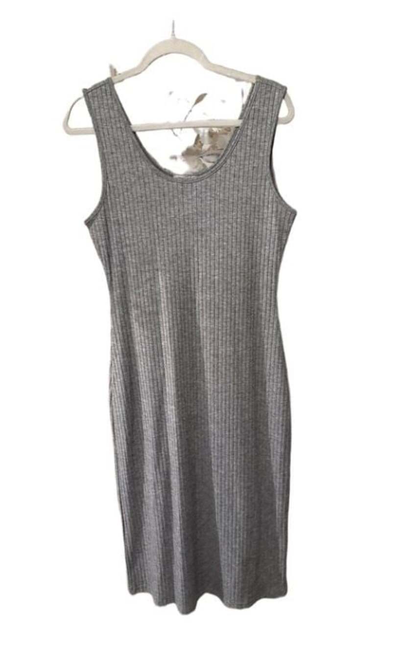 Magnolia Boutique Grey Ribbed Knit Sleeveless Midi Bodycon Tank Dress